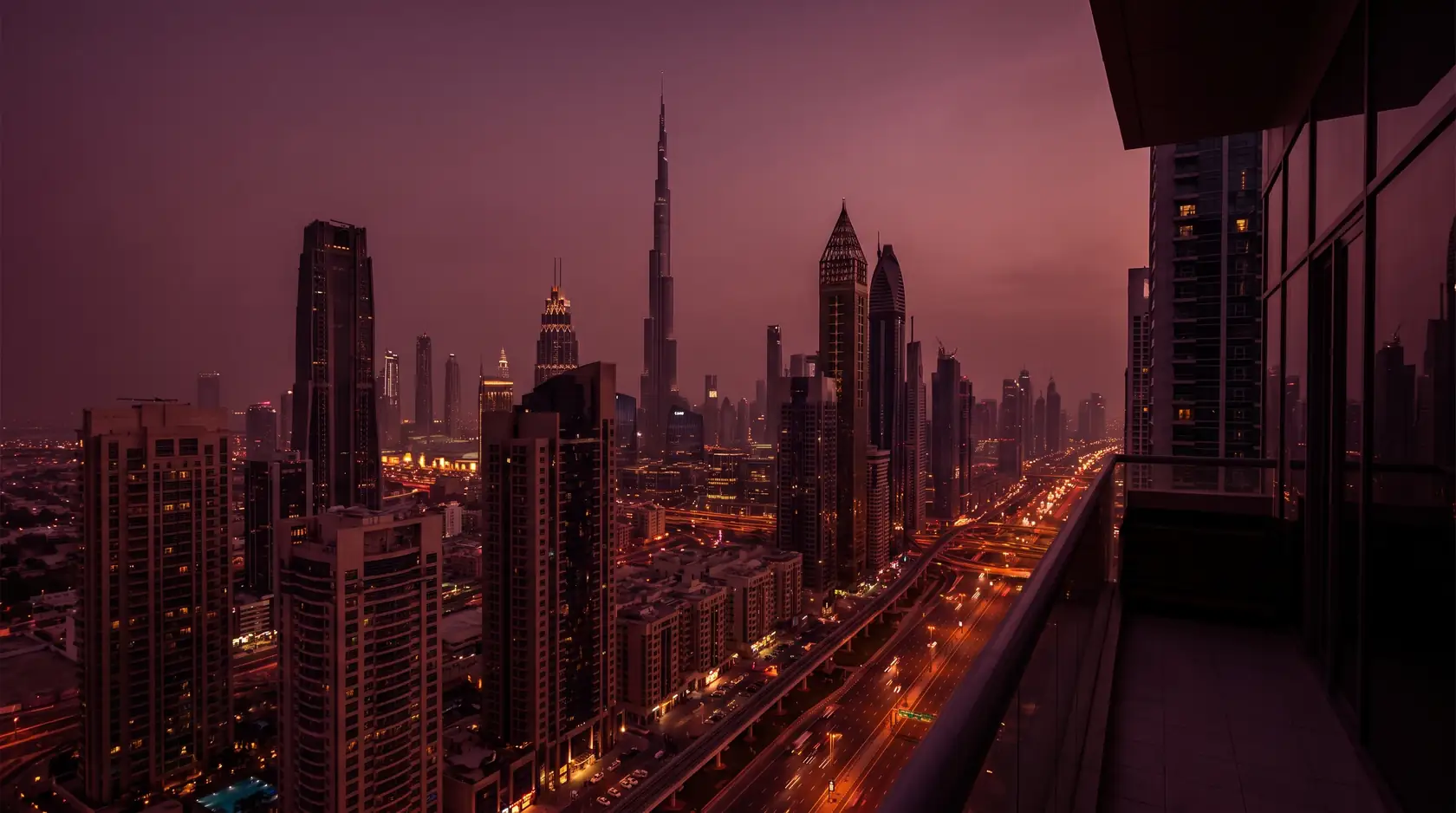 Dubai skyline at dusk in deep burgundy light