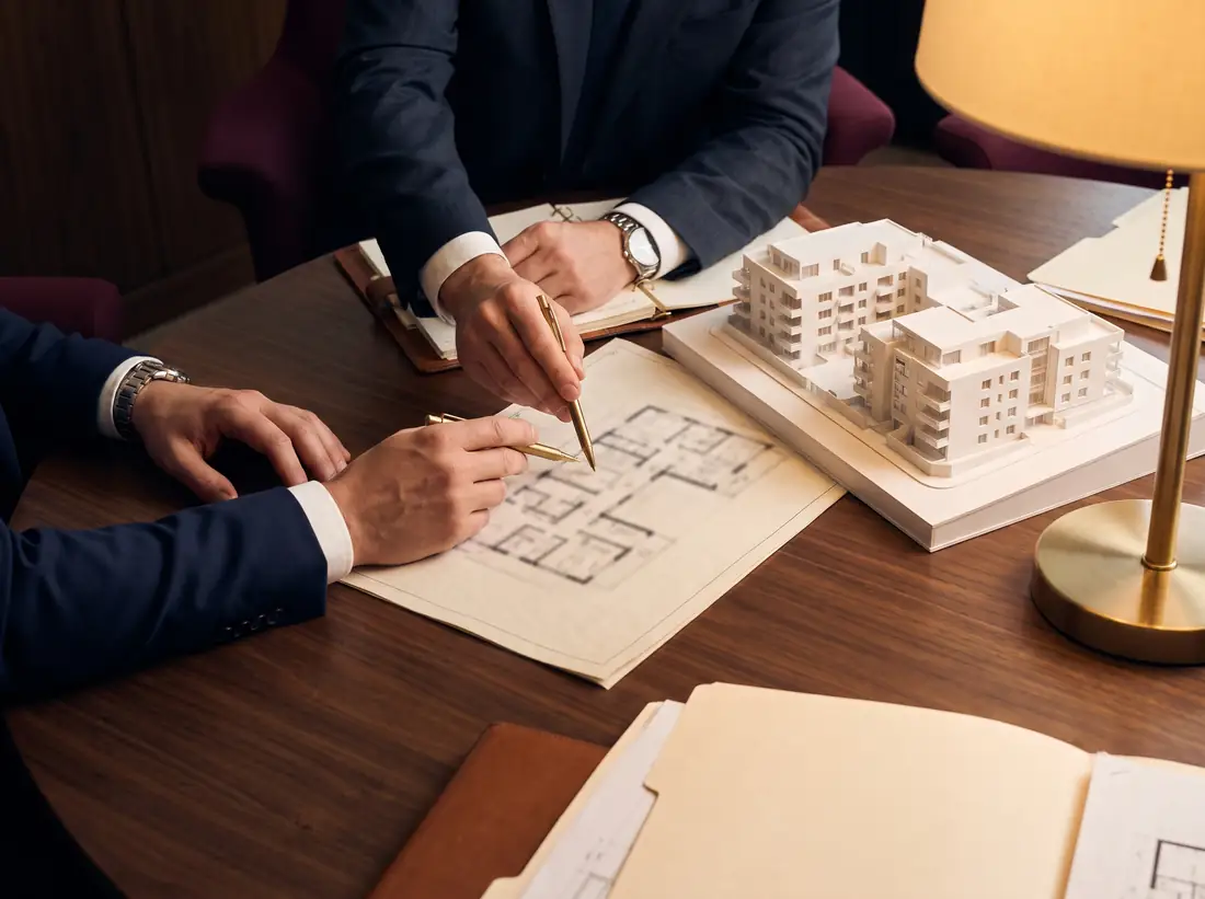 Investors reviewing a development model and plans